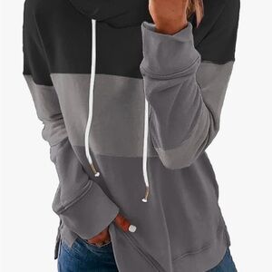 🩶Stylish Black and Gray Colorblock Partial Hoodie